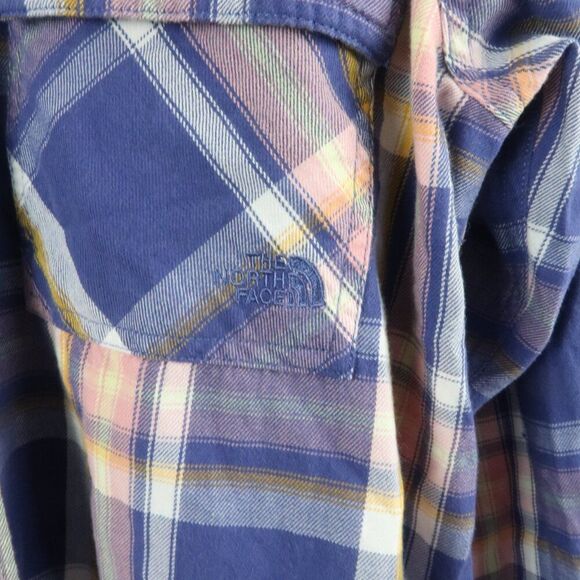 THE NORTH FACE BLUE/PURPLE PINK & YELLOW FLANNEL CAMP SHIRT SIZE MEDIUM - Picture 11 of 13